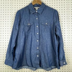 Cathy Daniels Women's Long Sleeve Chambray Snap Button Top with Glitter Sz Large